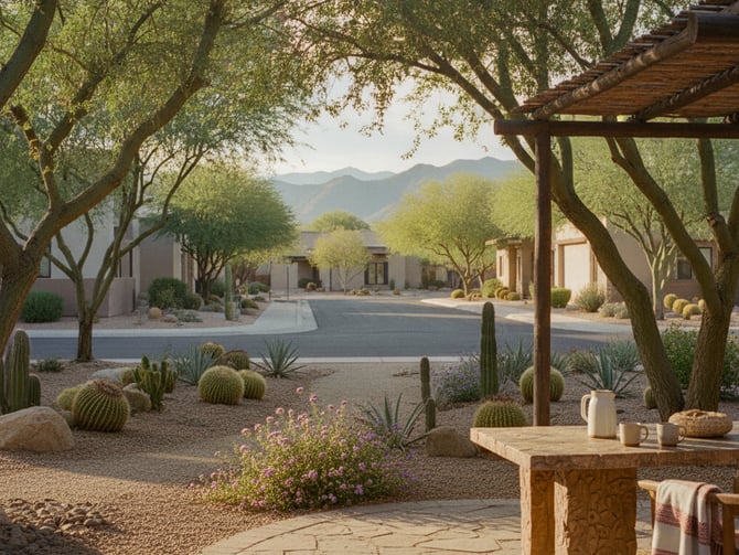 Desert courtyard with mature trees, stone patio, cacti, and mountain views beyond adobe buildings