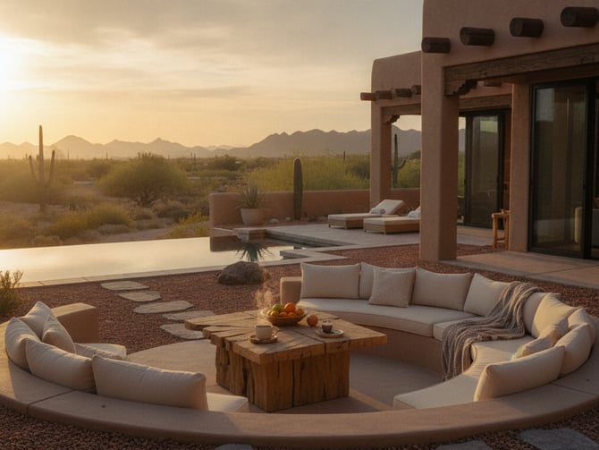Desert patio with sunken seating area, wooden table, pool, and mountain views at sunset