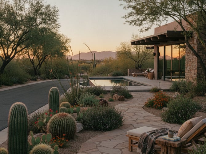 Desert home with stone exterior, infinity pool, and cactus garden at sunset with mountain views