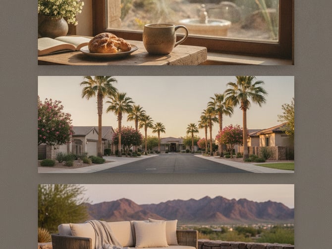 Collage of three vacation rental scenes: windowsill with coffee and pastry, palm-lined residential street, and desert patio with seating and fire pit.