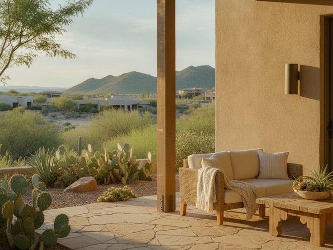 Covered patio with wicker chair overlooking desert landscape, cacti, and distant mountains